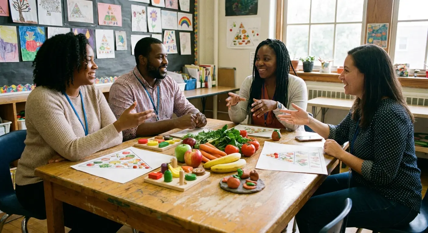 Quatro adultos conversando ao redor de uma mesa com frutas, vegetais e materiais educativos sobre alimentação saudável em uma sala de aula.