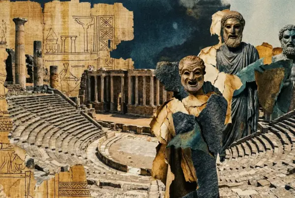 Colagem artística com ruínas de um teatro greco-romano, colunas antigas, papiro e estátuas clássicas sob céu nublado.