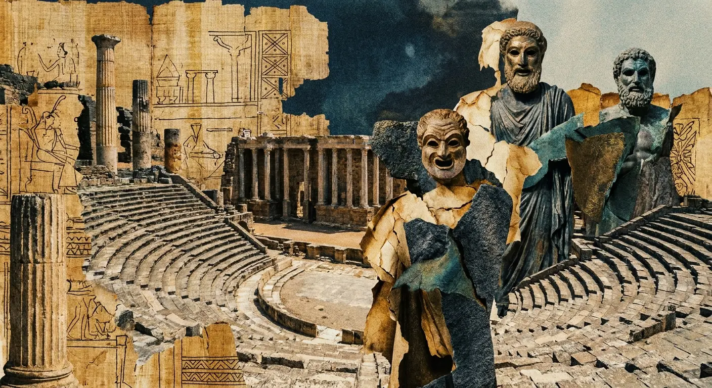 Colagem artística com ruínas de um teatro greco-romano, colunas antigas, papiro e estátuas clássicas sob céu nublado.