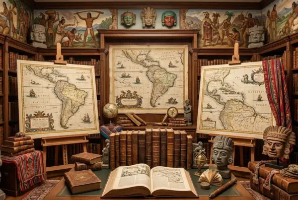 Sala de estudos clássica com estantes repletas de livros antigos, mapas históricos da América do Sul em cavaletes, artefatos e máscaras pré-colombianas sobre a…
