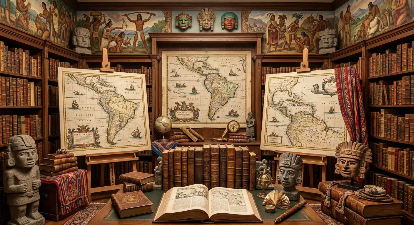 Sala de estudos clássica com estantes repletas de livros antigos, mapas históricos da América do Sul em cavaletes, artefatos e máscaras pré-colombianas sobre a…