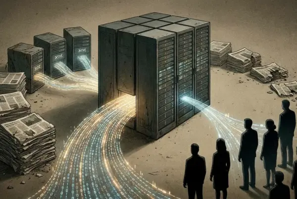 Ilustração conceitual com fluxos de dados binários conectando servidores, pilhas de jornais impressos e pessoas.