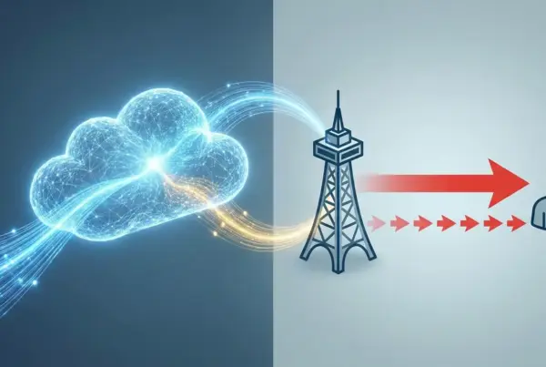 Ilustração do fluxo de dados digitais saindo de uma nuvem, passando por uma torre de transmissão e chegando ao usuário.