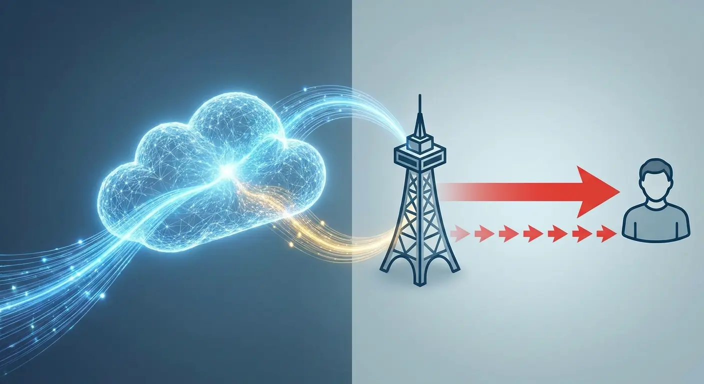 Ilustração do fluxo de dados digitais saindo de uma nuvem, passando por uma torre de transmissão e chegando ao usuário.