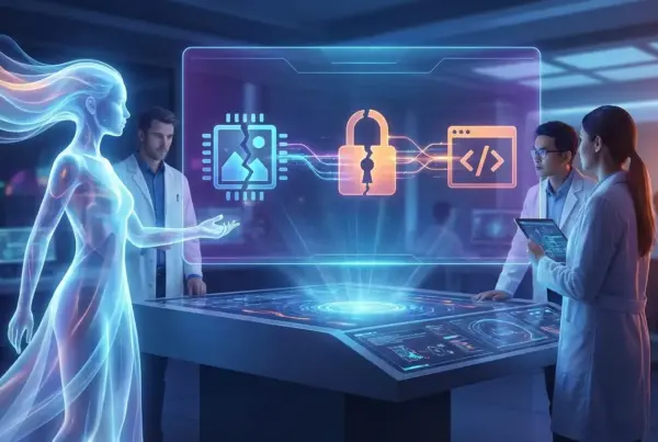 Cientistas em laboratório futurista observam holograma luminoso e tela digital com ícones de chip danificado, cadeado quebrado e código.