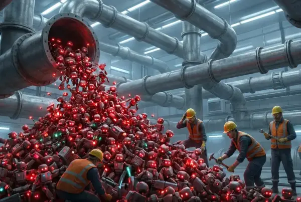 Trabalhadores com capacetes e coletes de segurança observam uma pilha de pequenos robôs vermelhos luminosos saindo de uma tubulação industrial suspensa.