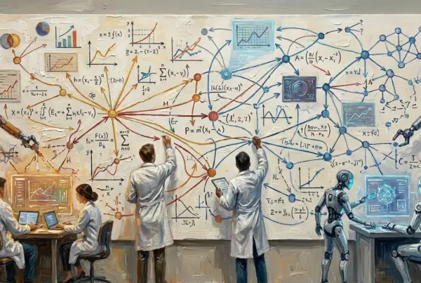 Ilustração de cientistas e robôs trabalhando juntos em um laboratório diante de um grande painel repleto de fórmulas matemáticas e gráficos de dados.