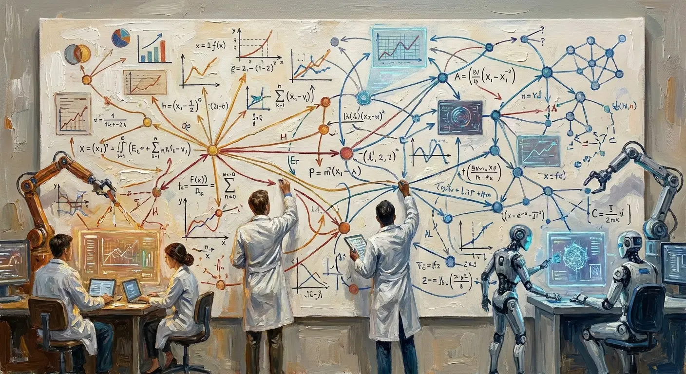 Ilustração de cientistas e robôs trabalhando juntos em um laboratório diante de um grande painel repleto de fórmulas matemáticas e gráficos de dados.