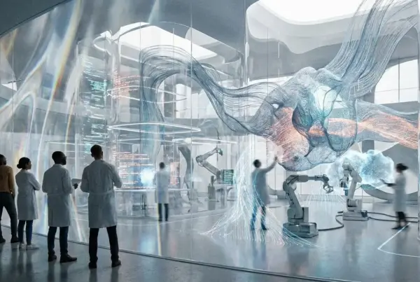 Grupo de cientistas e pesquisadores observando hologramas tridimensionais e braços robóticos em um laboratório moderno e futurista.