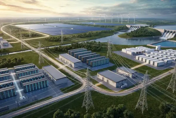 Ilustração de um complexo de energia sustentável com painéis solares, usina hidrelétrica, turbinas eólicas e sistemas de armazenamento conectados por linhas de…