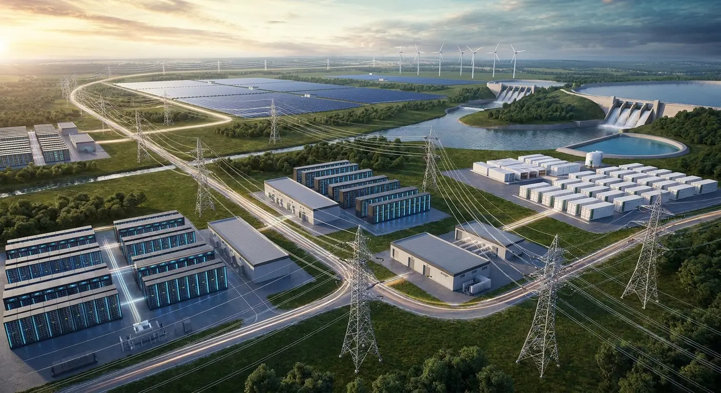 Ilustração de um complexo de energia sustentável com painéis solares, usina hidrelétrica, turbinas eólicas e sistemas de armazenamento conectados por linhas de…