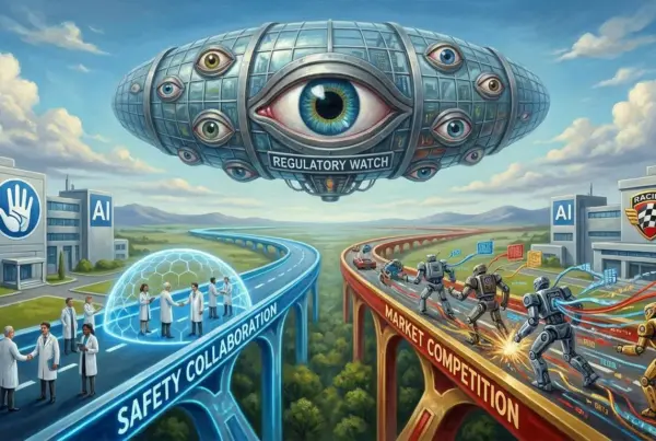 Ilustração conceitual com duas estradas divididas: à esquerda, cientistas colaborando em segurança sob uma cúpula, e à direita, robôs competindo em alta…