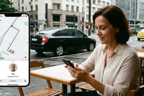 Mulher sentada em mesa ao ar livre olhando o celular, com destaque ao lado para a tela de aplicativo exibindo rota e previsão de chegada de veículo.
