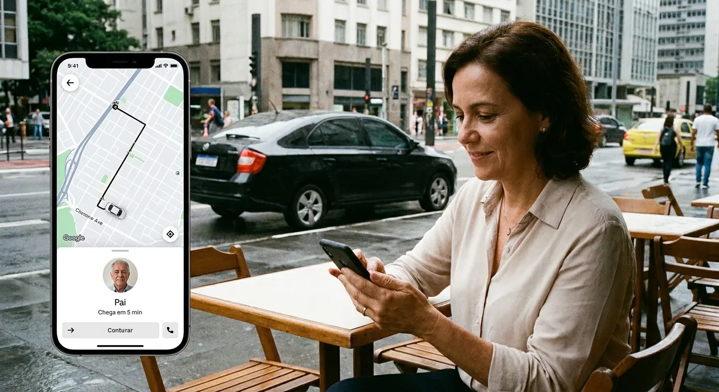 Mulher sentada em mesa ao ar livre olhando o celular, com destaque ao lado para a tela de aplicativo exibindo rota e previsão de chegada de veículo.
