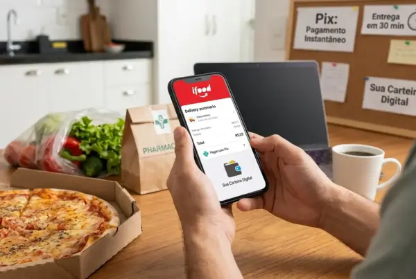 Pessoa segurando smartphone com a tela do aplicativo iFood aberta para finalizar pedido, com pizza e compras sobre a mesa de madeira.