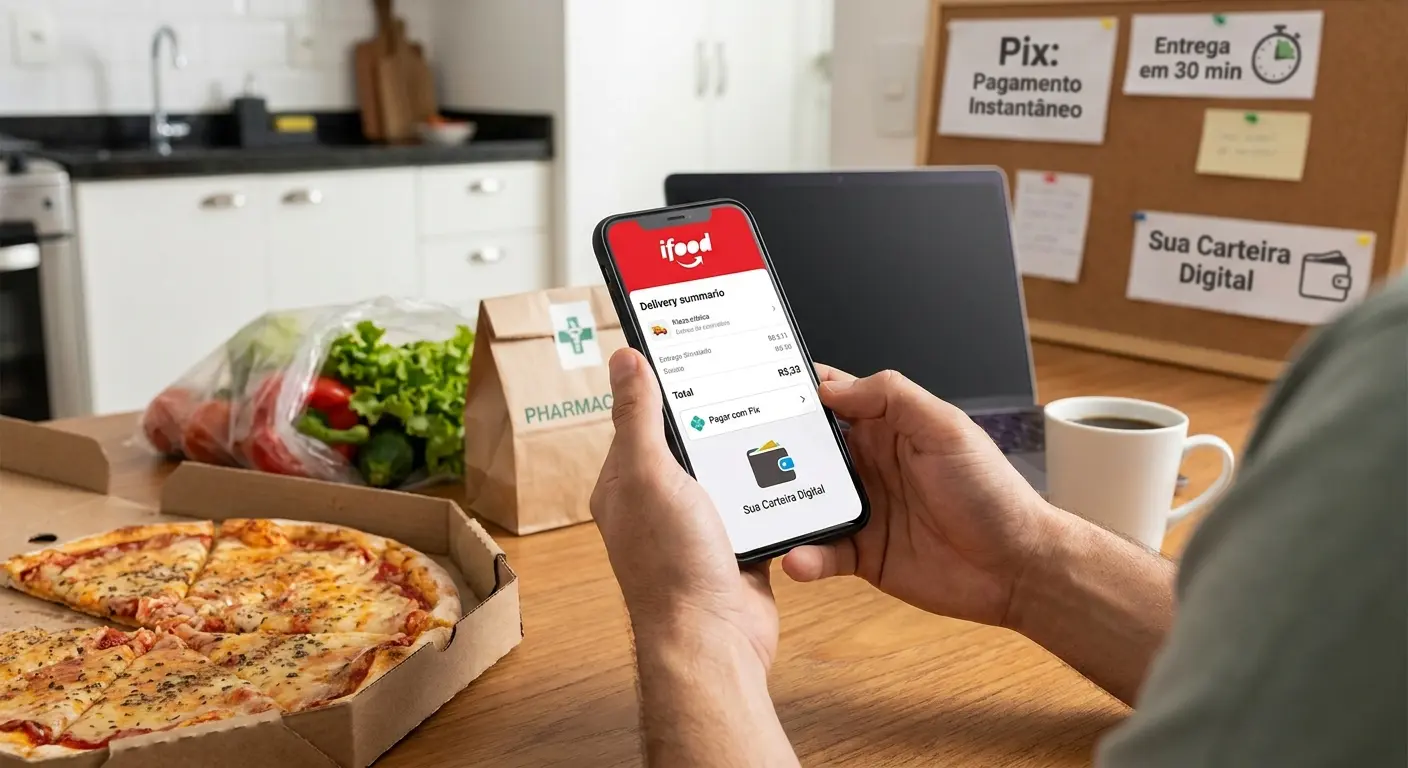Pessoa segurando smartphone com a tela do aplicativo iFood aberta para finalizar pedido, com pizza e compras sobre a mesa de madeira.