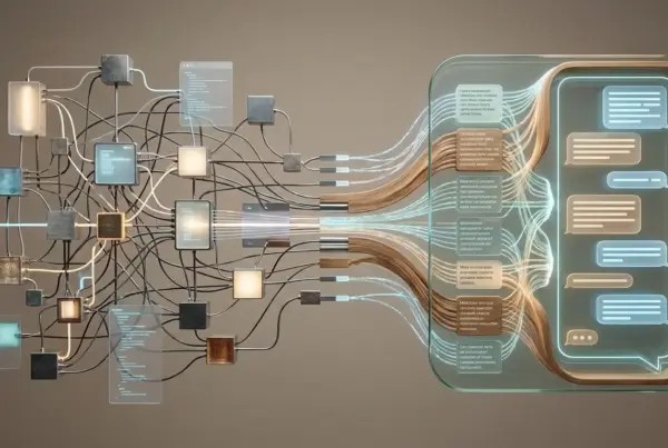 Ilustração conceitual de uma rede de nós de dados e circuitos conectando-se a uma tela de dispositivo móvel com interface de mensagens.