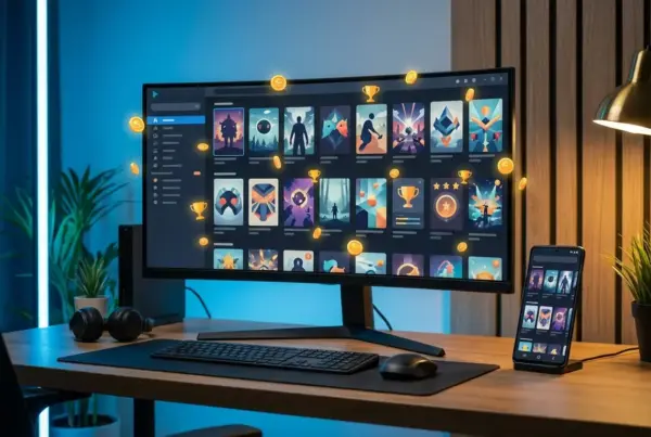 Mesa de computador com monitor exibindo jogos e moedas flutuantes, teclado, mouse e smartphone.