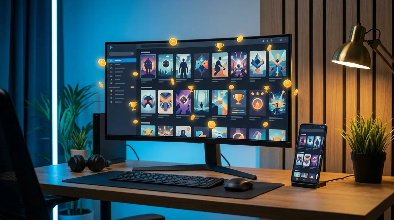 Mesa de computador com monitor exibindo jogos e moedas flutuantes, teclado, mouse e smartphone.