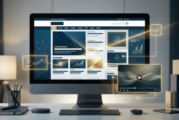 Monitor de computador exibindo uma interface digital abstrata com gráficos de linhas, barras e ícones flutuantes brilhantes conectados por linhas de luz.