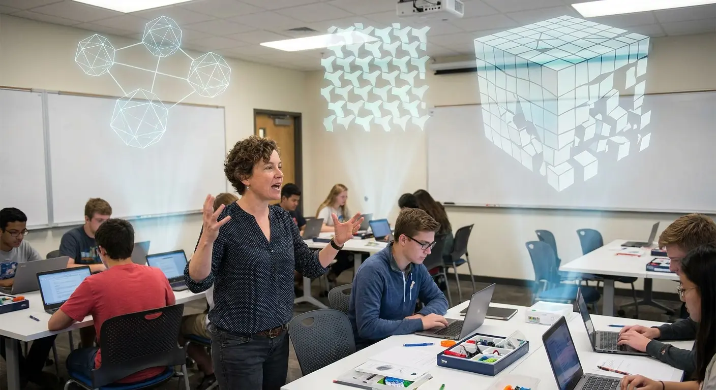 Professora gesticulando em sala de aula com alunos usando laptops. Acima, projeções holográficas de formas geométricas.