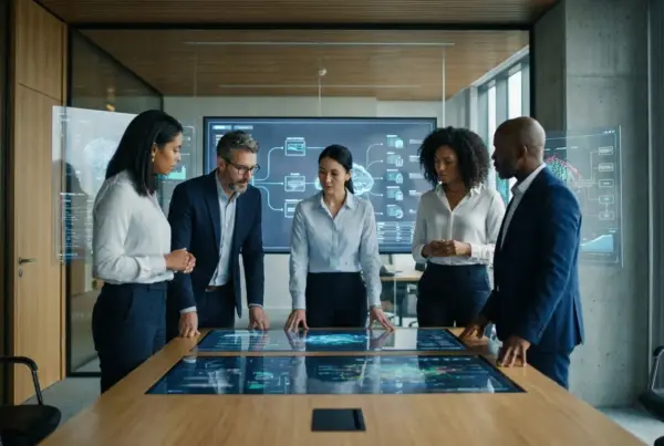 Cinco profissionais de negócios reunidos em volta de uma mesa com tela interativa e gráficos em um escritório moderno.