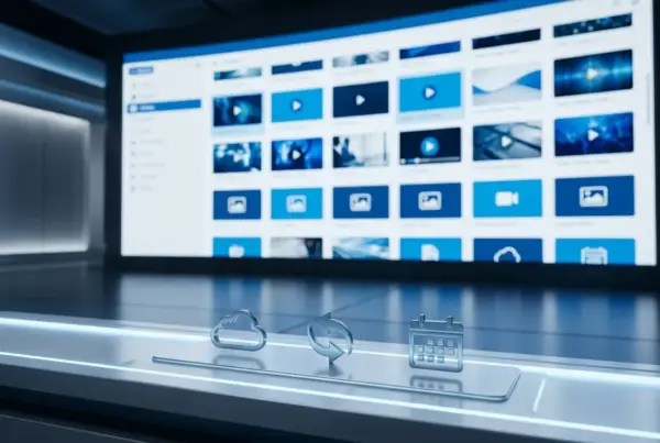 Uma representação 3D de uma sala de controle futurista com uma grande tela exibindo uma grade de miniaturas de vídeo e ícones de nuvem, atualização e…