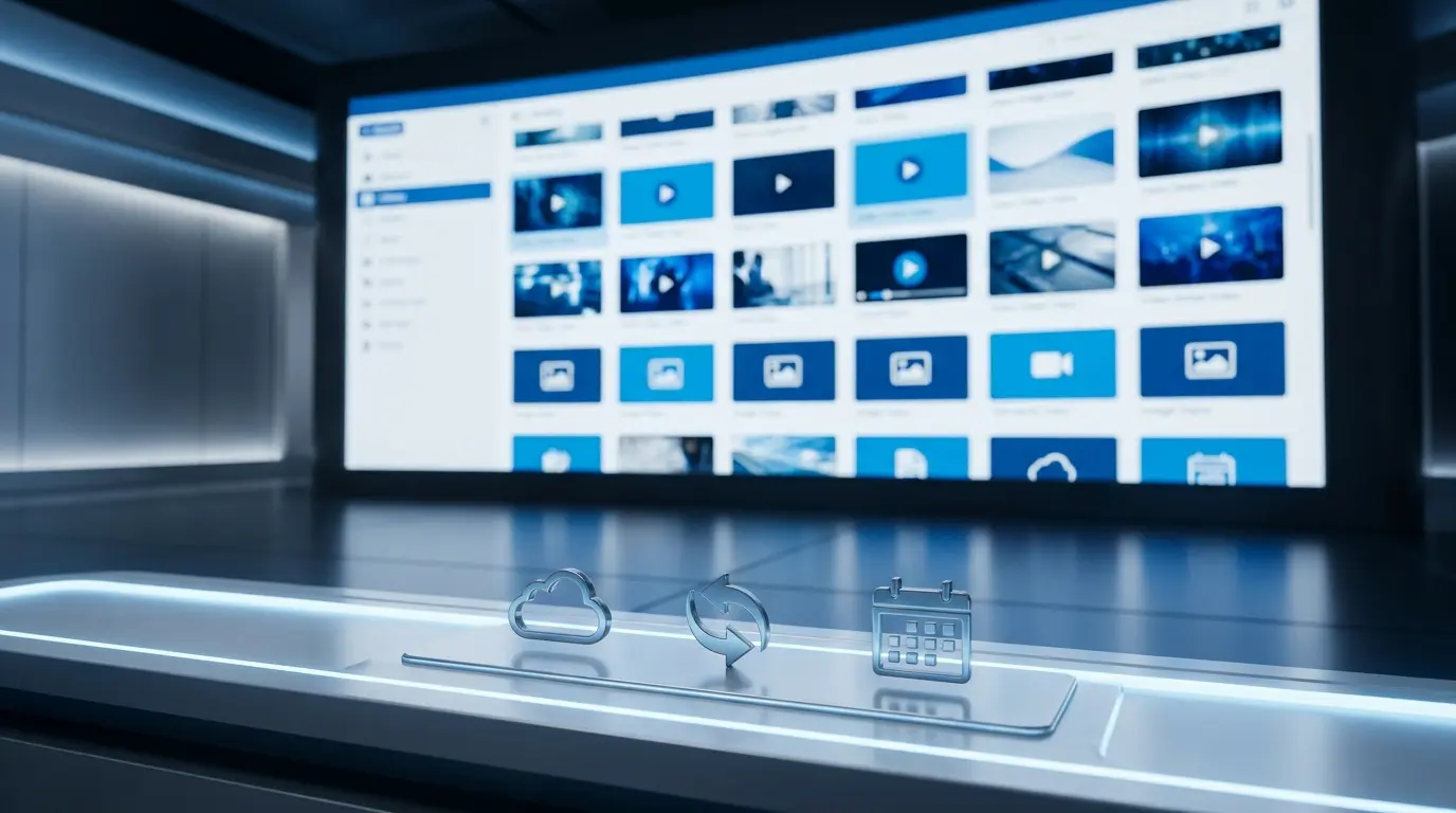 Uma representação 3D de uma sala de controle futurista com uma grande tela exibindo uma grade de miniaturas de vídeo e ícones de nuvem, atualização e…