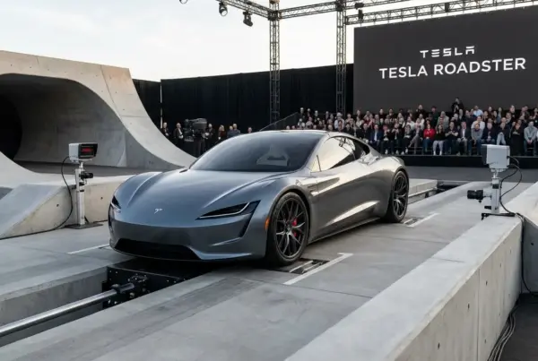 Novo modelo cinza do Tesla Roadster em exibição sobre uma plataforma de concreto durante evento de lançamento.