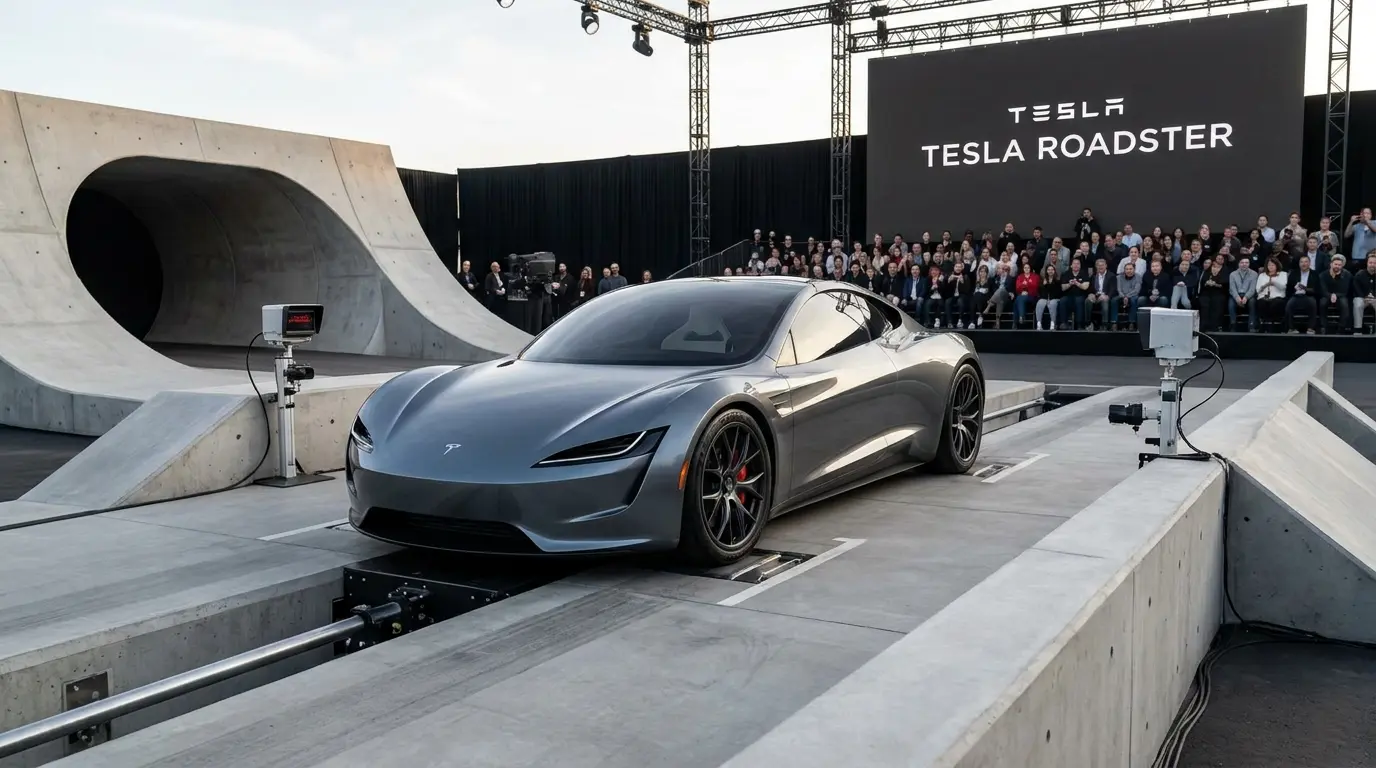 Novo modelo cinza do Tesla Roadster em exibição sobre uma plataforma de concreto durante evento de lançamento.
