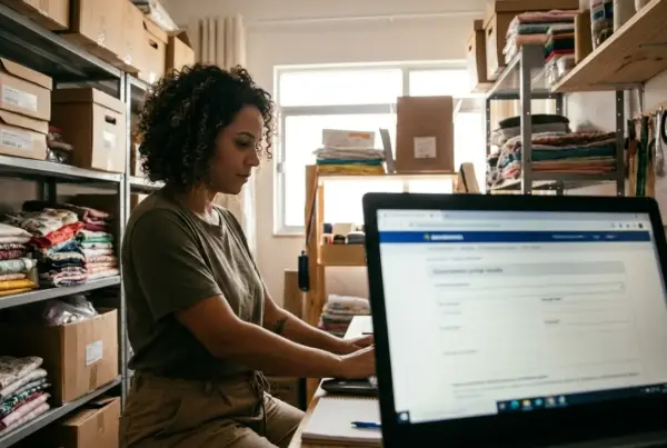 Mulher com cabelos cacheados sentada usando um laptop, com prateleiras cheias de caixas e tecidos ao fundo.