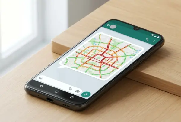 Smartphone sobre mesa de madeira exibindo um aplicativo de mensagens com um mapa de trânsito em destaque.