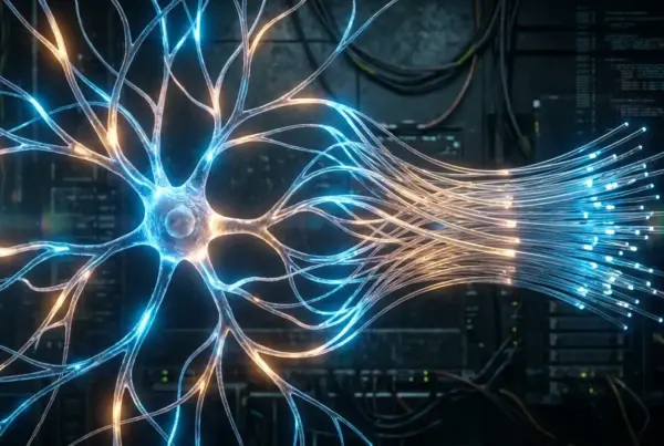 Ilustração de uma rede neural brilhante com conexões azuis e douradas