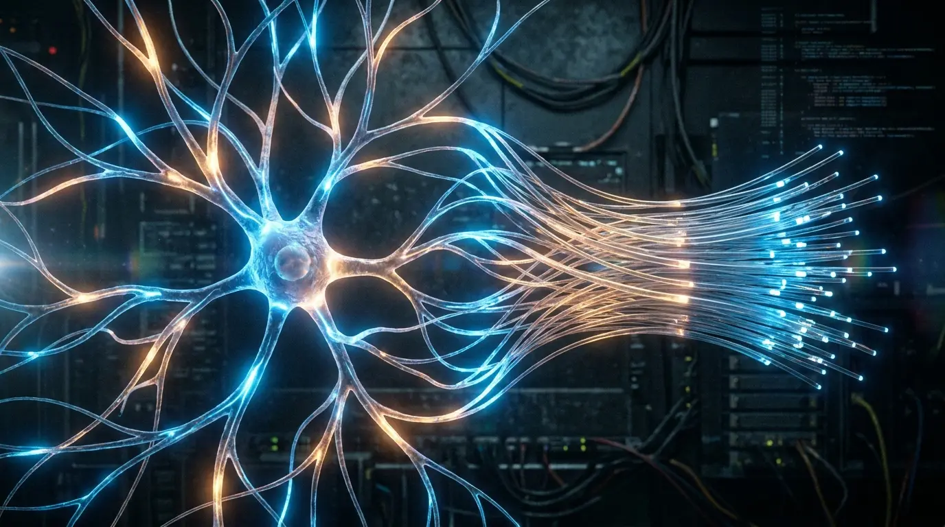 Ilustração de uma rede neural brilhante com conexões azuis e douradas