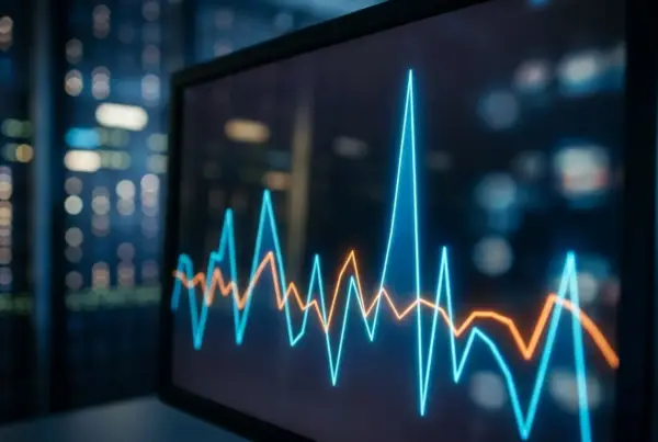 Monitor de computador exibindo um gráfico de linhas em azul brilhante e laranja com picos e vales acentuados, num ambiente escuro que parece uma sala de…