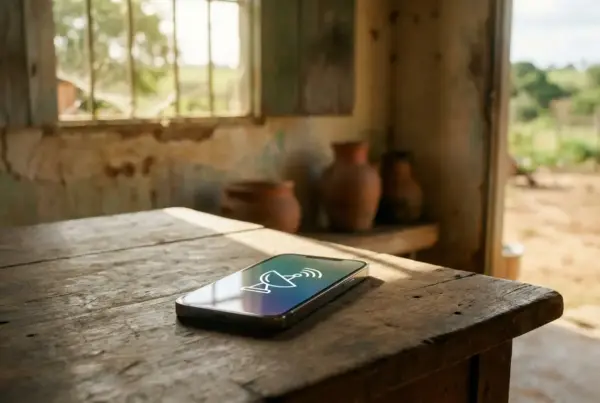 Um smartphone deitado em uma mesa de madeira rústica, exibindo um ícone de antena parabólica iluminado na tela. Ao fundo, uma janela com grades e uma porta…