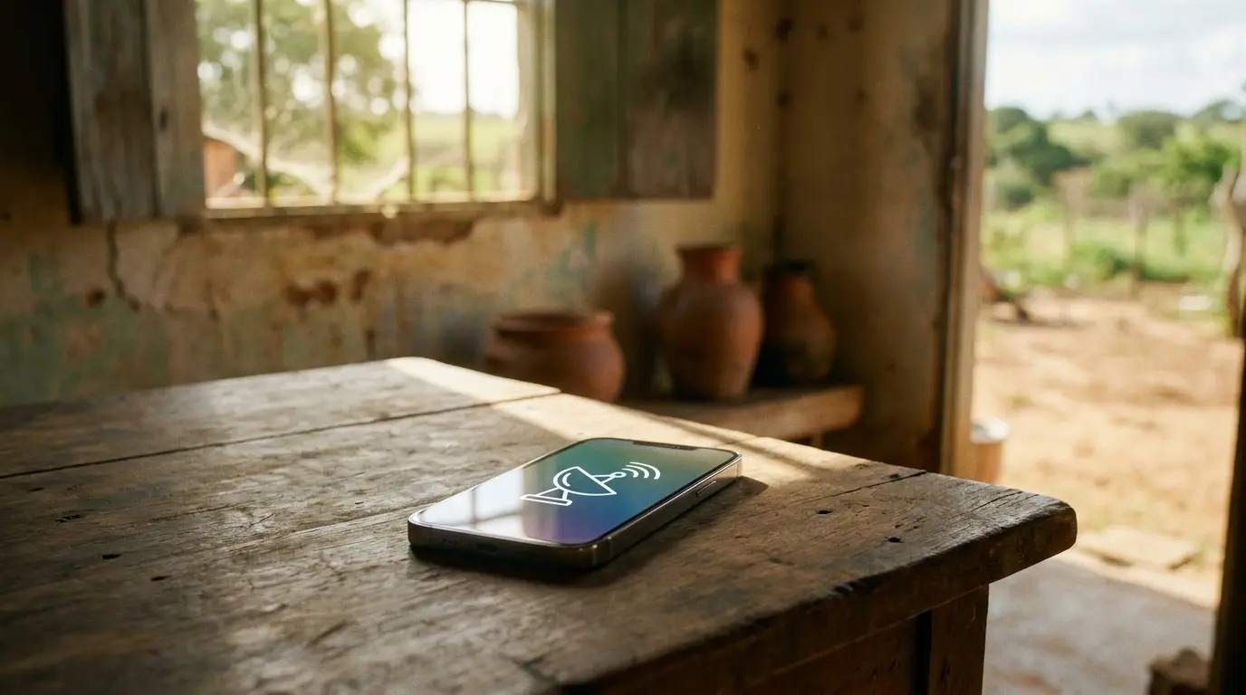 Um smartphone deitado em uma mesa de madeira rústica, exibindo um ícone de antena parabólica iluminado na tela. Ao fundo, uma janela com grades e uma porta…