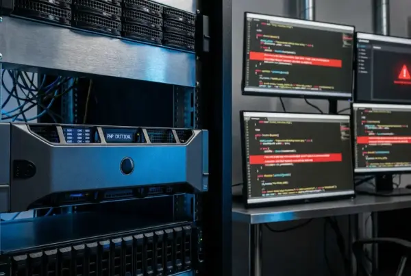Servidor de computador montado em rack ao lado de uma mesa com quatro monitores exibindo mensagens de erro e códigos de programação.