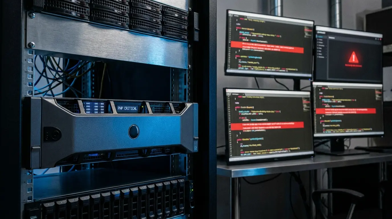 Servidor de computador montado em rack ao lado de uma mesa com quatro monitores exibindo mensagens de erro e códigos de programação.